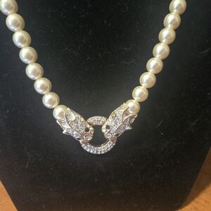 Dragon rhinestone faux pearl gold tone necklace